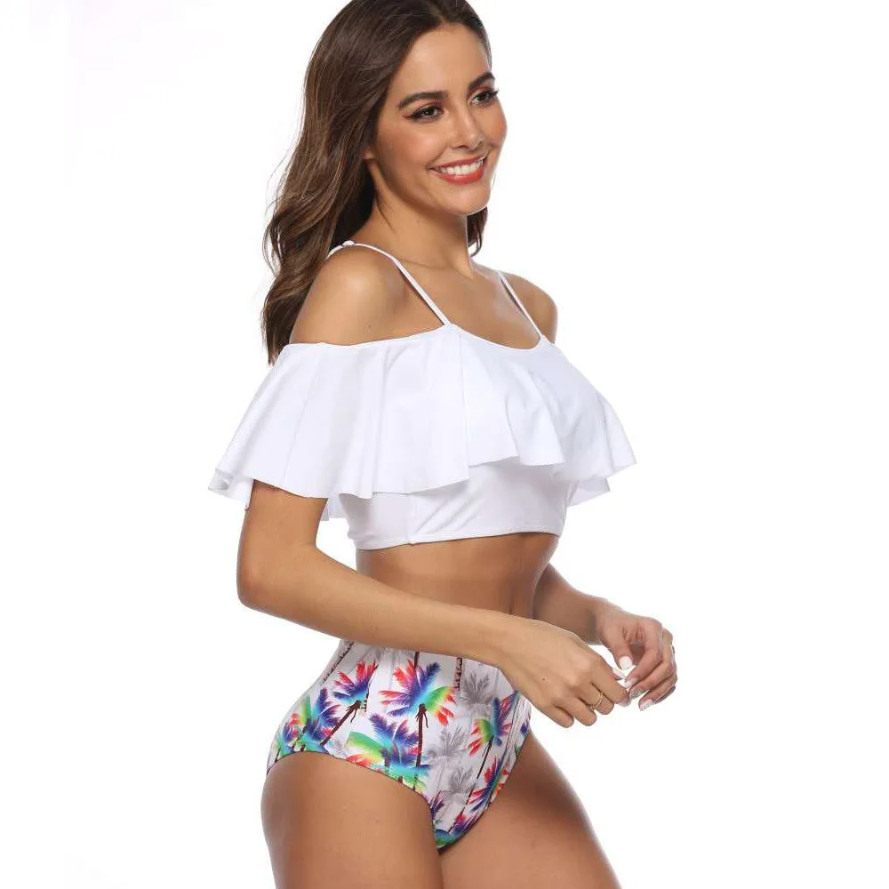 

ZOGAA Ruffle Bikinis Split Women Swimwear High Waist Swimsuit Spaghetti Strap Sexy Floral Two-Piece Suits Retro Bathing Suit