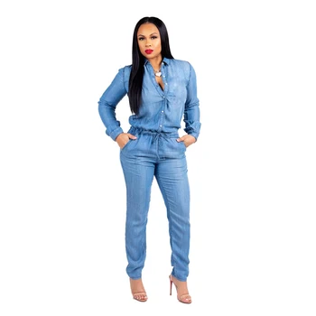 

2018 Fall Jumpsuits Size Plus 3Xl V-Neck Fashion Women'S Blue Denim Casual Long Sleeve Pencil Pant Jeans Jumpsuit Hot Sale