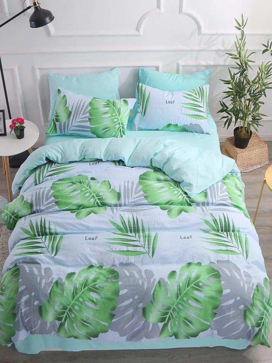 

4Pcs Duvet Cover Set Fresh Style Leaf Pattern Skin-Friendly Bedding Set