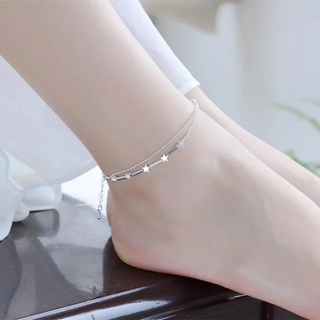 

Trendy 925 stamped silver plated Star Anklets Double Layer Foot Chain Accessories Hot Sale Silver Bracelets For Girl Engagement