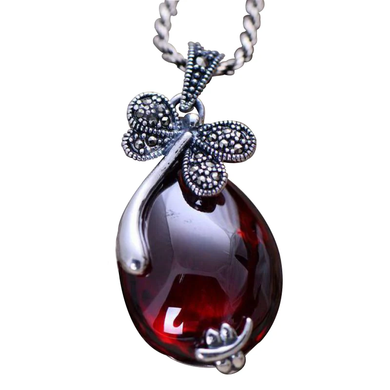 

Real 925 Sterling Silver Dragonfly Pendant With Teardrop Shaped Red Garnet Natural Rhinestone Charms For Women Vintage Jewelry