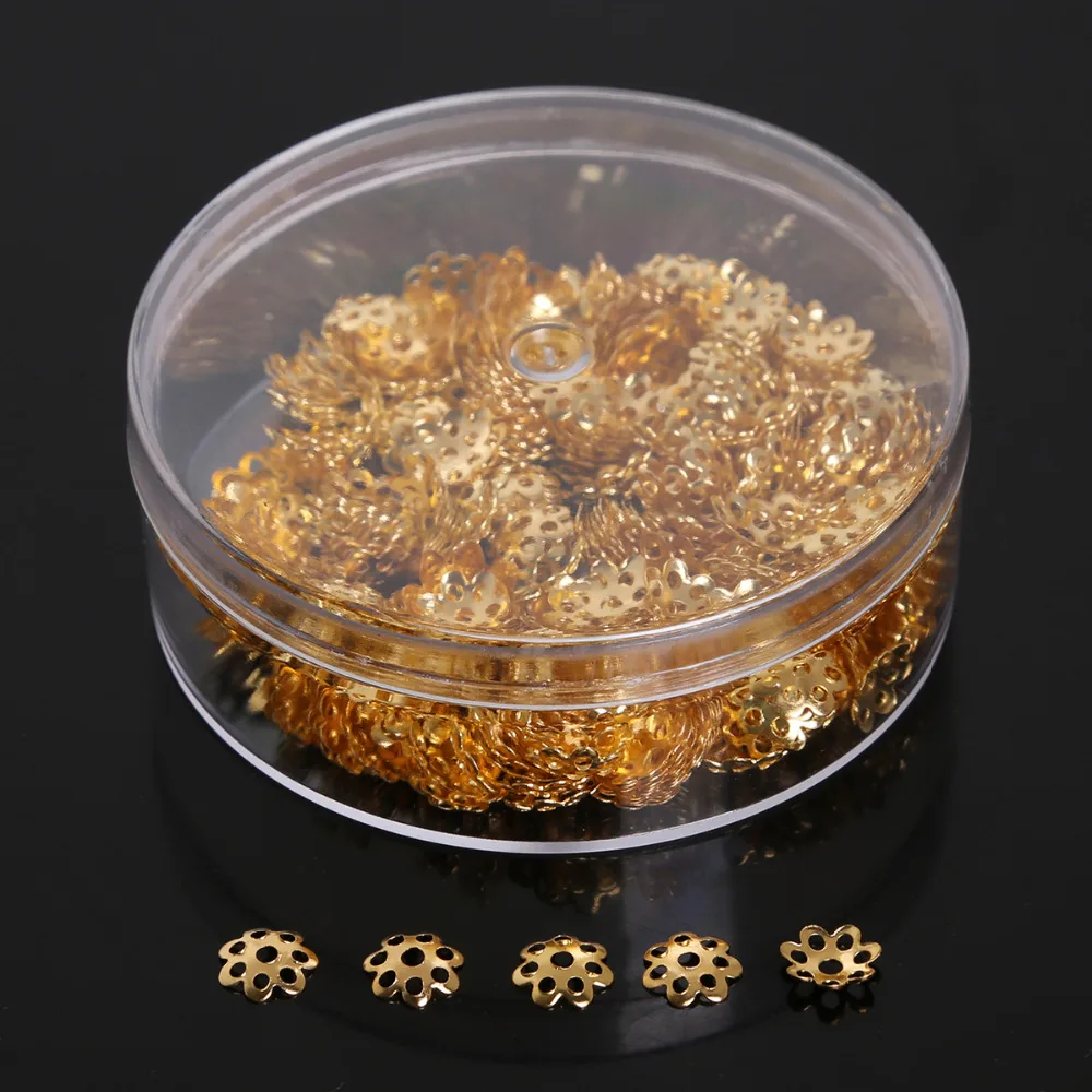 

New 500pcs/box 7mm Box Packaging Golden Silvery Hollow Flower Metal Charms Bead Caps For DIY Jewelry Making
