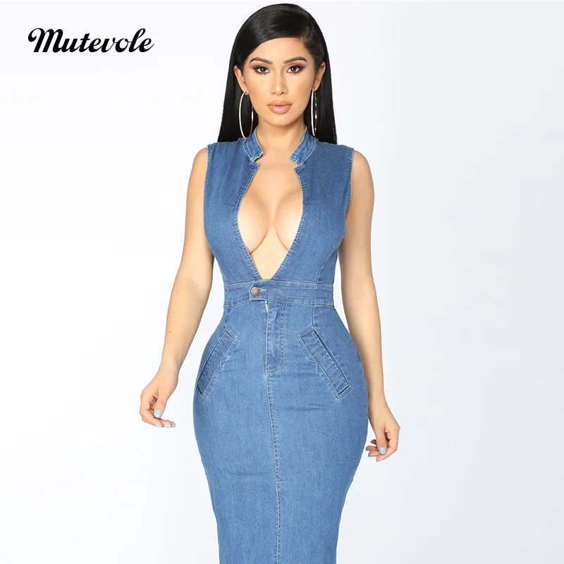 Mutevole Women Sleeveless Denim Midi Dress Ladies Deep V Neck Sexy Summer Jean Dresses Denim Split Elastic Slim Club Party Dress
