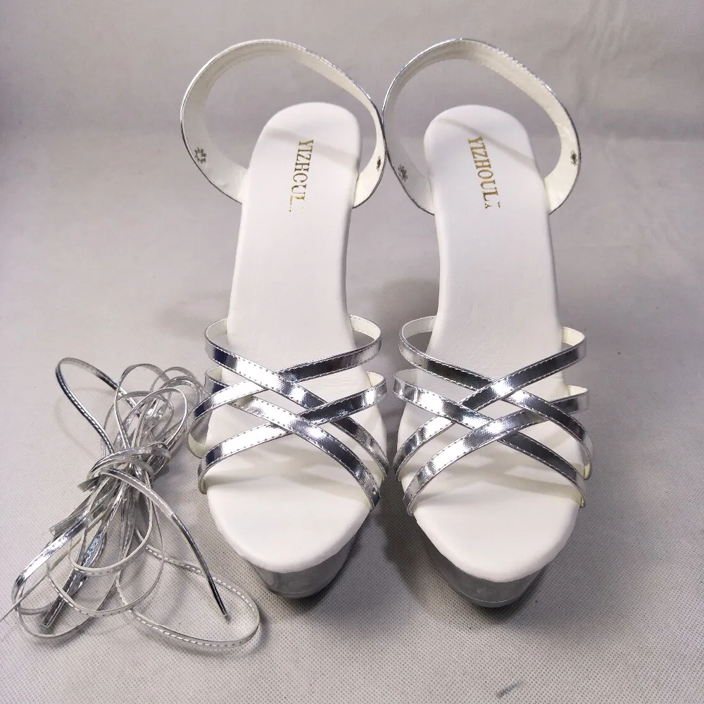 oro Plataforma Zapatos 6 Cristal Pulgadas Sexy Cm Verano Correa Mujeres Delgados plata Sandalias Alto Tacones blanco 15 De Negro Tacón Cruz Las BXHP5Twqw
