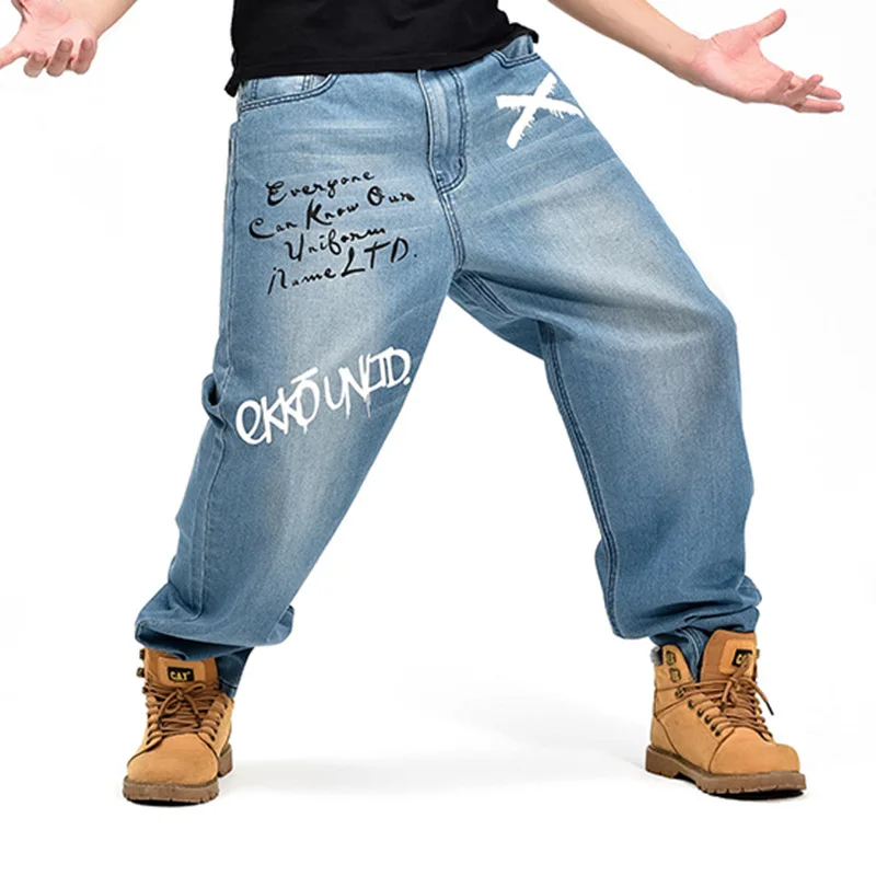 

2016 autumn winter loose big man large size hip hop dancer parkour baggy jeans letters print street fashion blue jeans for men