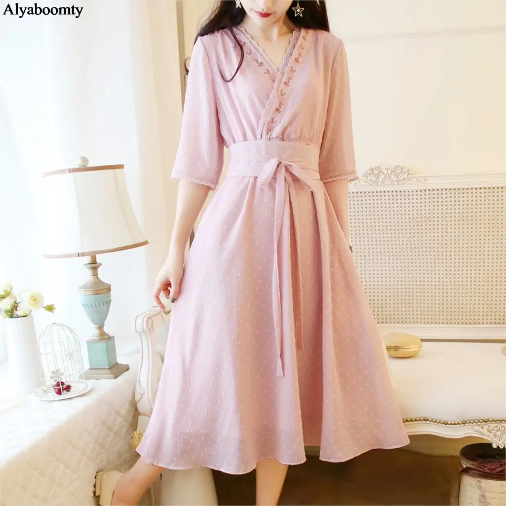 

Korean Chic Summer Women Long Dress Lace V Neck Floral Embroidery Midi Dress Elegant Half Sleeve Sashes Chiffon Party Vestidos