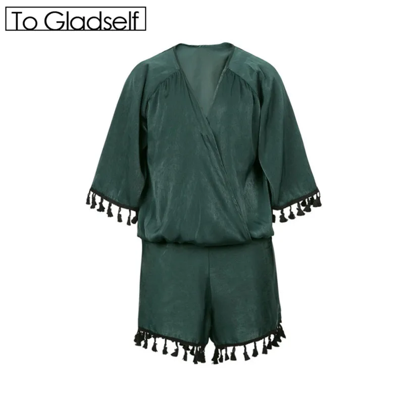 [Para Gladself] mulheres Roupas de Verão 2017 Moda Casual Verde Escuro Chiffon Fringe Backless Shirt + Shorts Dois 2 Peça Set