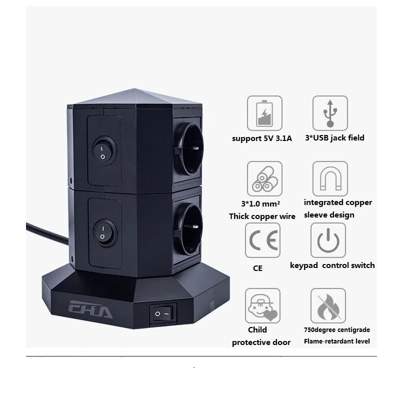 Вертикальный тип удлинителя 6 USB зарядное устройство адаптер электрический башенный тип розетка ЕС патч-панель защита от перегрузки умный разъем