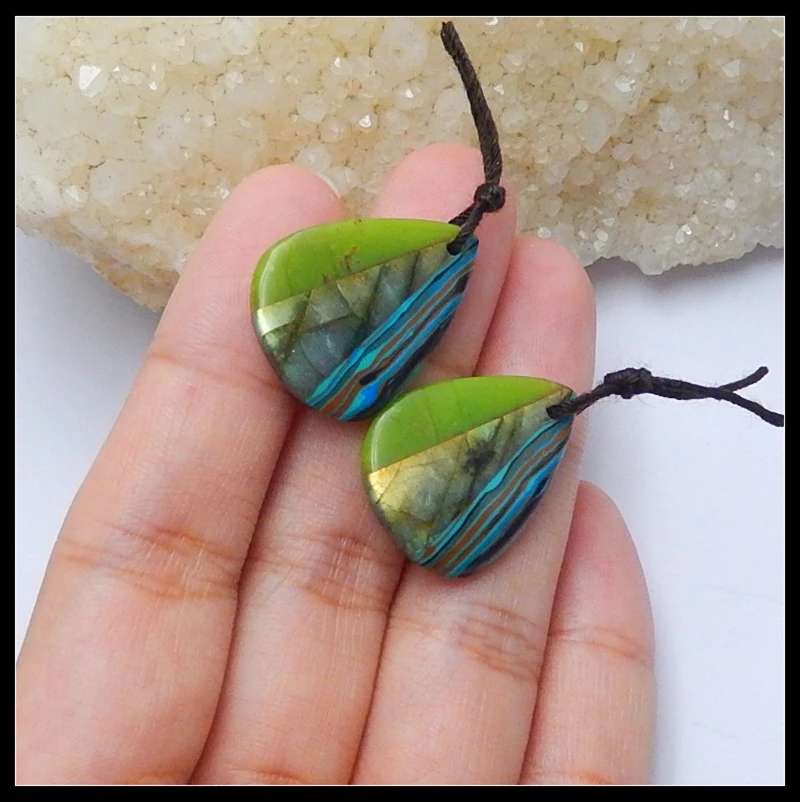 

Sales 1Pairs Natural Stone Rainbow Jasper With Labradorite And Serpentine Teardrop Gemstone Fashion Earring Bead 23x18x5mm 5.3g