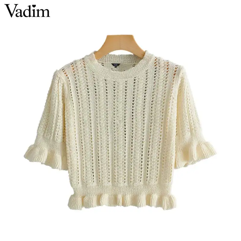 

Vadim women beige ruffles knitted crop tops hollow out flare sleeve short style stretchy shirts female casual solid blusas DA242