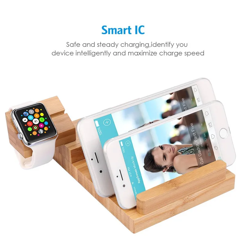 

Bamboo Wood Tablet Phone holder For IPhone X 8 7 6S 5 Plus USB Charging Station 3 USB 3.0 Hub Desk Stand Charger For Apple Watch