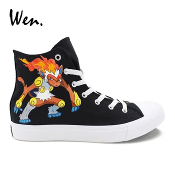 

Wen Unisex Design Hand Painted Shoes Pocket Monster Pokemon Infernape Custom Black High Top Canvas Skateboarding Shoes Sneakers