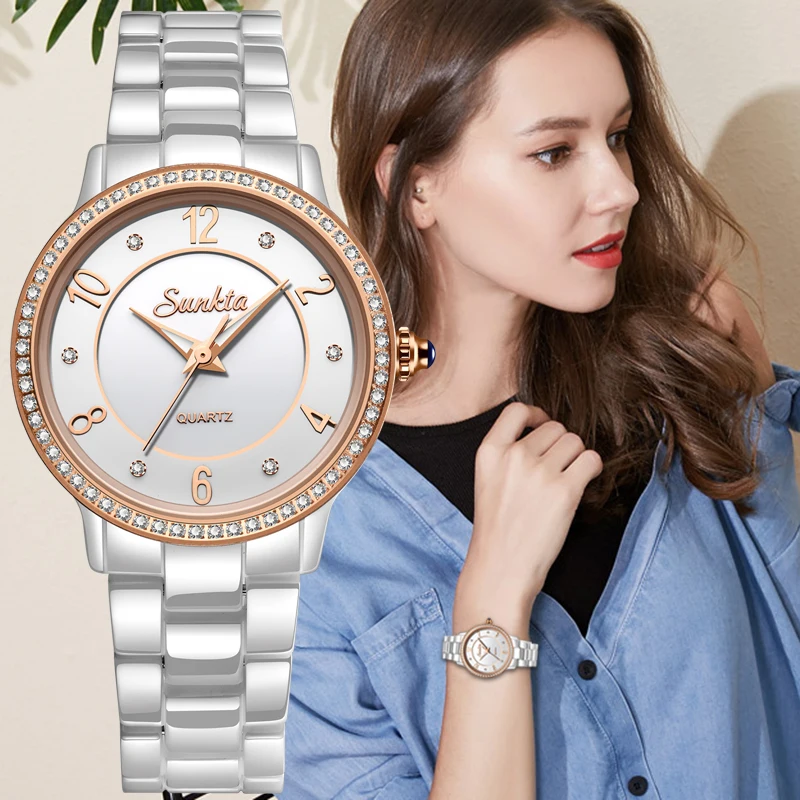 

2019 New SUNKTA Women Watches Ceramic Diamond Watch Women Waterproof Slim Fashion Luminous Clock Ladies Watch Reloj Mujer+Box