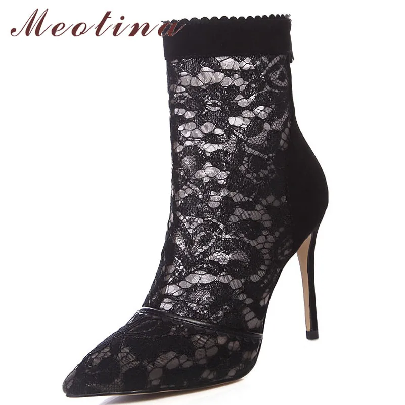 

Meotina Autumn Ankle Boots Women Cow Suede Zipper Stiletto Heels Short Boots Sexy Mesh Cutout Super High Heel Shoes Ladies 34-39