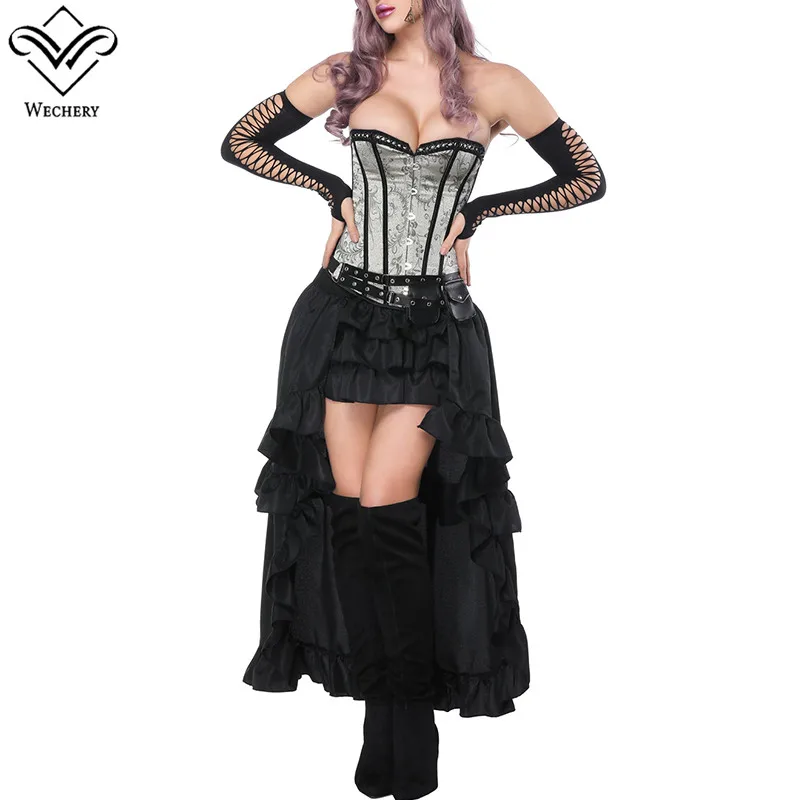 Wechery Корсетная юбка комплект Готический стимпанк эластичные юбки и кружевной топ-корсет Ретро оборки вырезанные Юбки Плюс без бретелек Топы