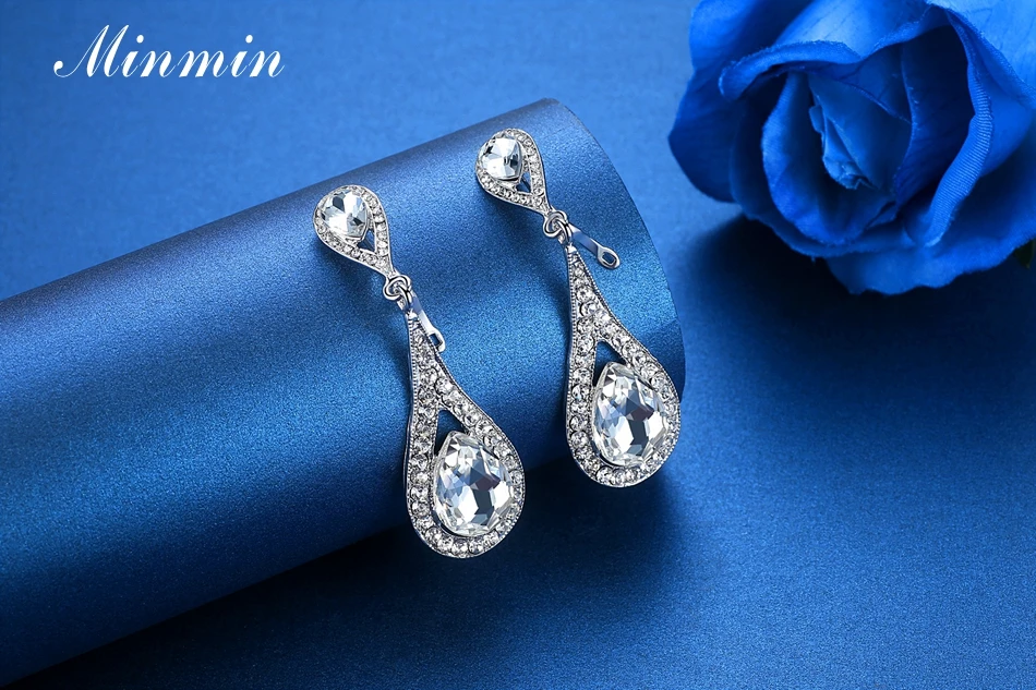 Minmin каплевидные серебряные свадебные серьги для женщин, большие вечерние висячие серьги с кристаллами, модное ювелирное изделие MEH246