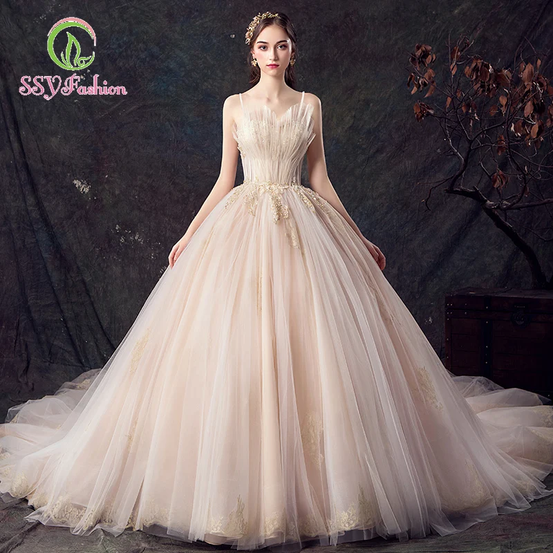 

SSYfashion Detachable Strap Sleeveless Lace Up Back Floor-Length Ball Gown Train Champagne Wedding Dress Lace Bride Dress