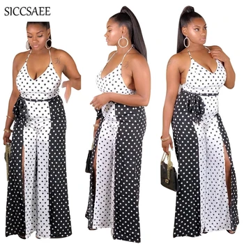 

Polka Dot Print Bell Bottom Pants Jumpsuits And Rompers For Women Backless Halter Loose Slit Retro Palazzo Flare Overalls Summer