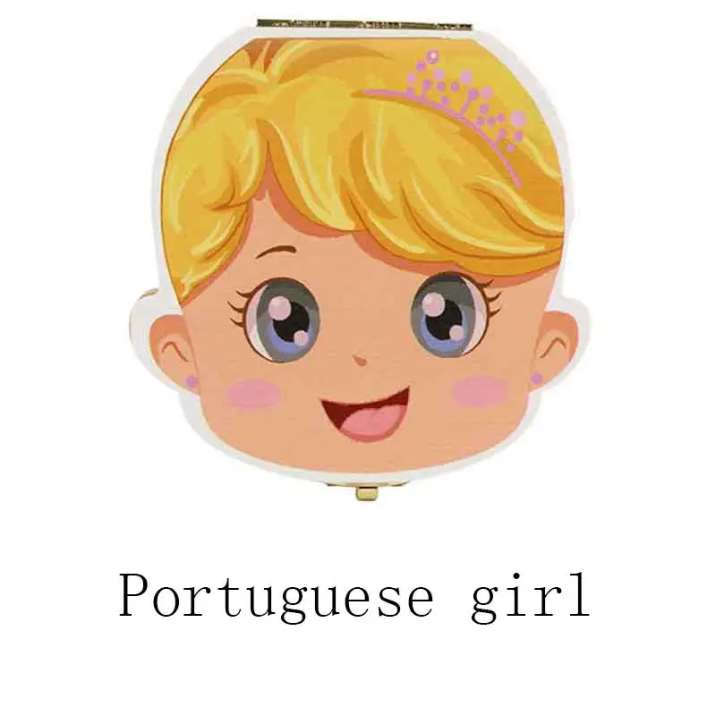 Коробка для зуба Португальский/Испанский/английский/русский/французский красочный деревянный зуб ящик место сохранить молоко зубы хранения сбора пупочной - Цвет: Portuguese girly