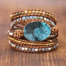 Для женщин кожаные браслеты уникальный смешанные природные камни Позолоченные каменная Подвеска 5 браслет из переплетенных нитей ручной работы браслет в стиле бохо