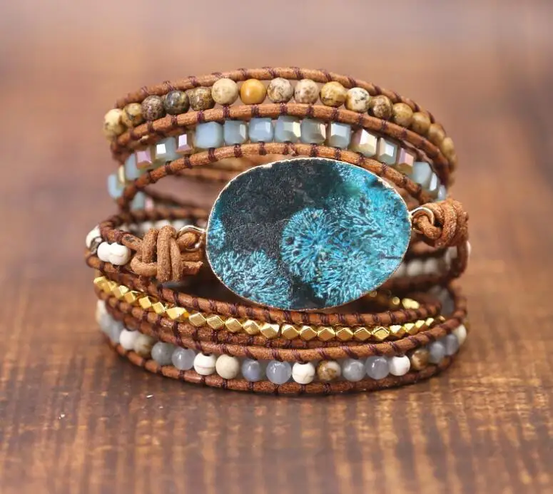 

Women Leather Bracelet Unique Mixed Natural Stones Gilded Stone Charm 5 Strands Wrap Bracelets Handmade Boho Bracelet