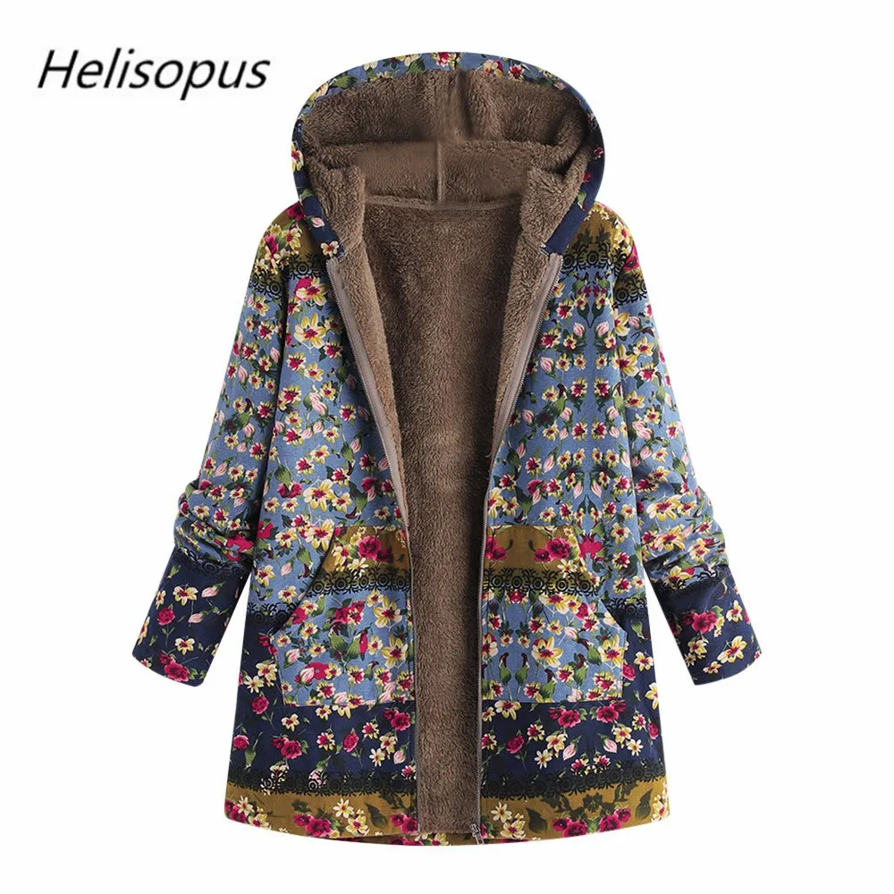 

Helisopus 2019 Women Hooded Jacket Cotton Winter Warm Outwear Coat Floral Print Hooded Pockets Vintage Oversize Coats Plus Size