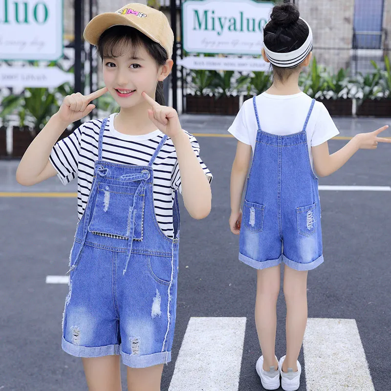 Jowowha Youth Girls Jeans Overalls Suspender Adjustable Straps Denim Ripped Holes Bib Romper Jumpsuit Pants 