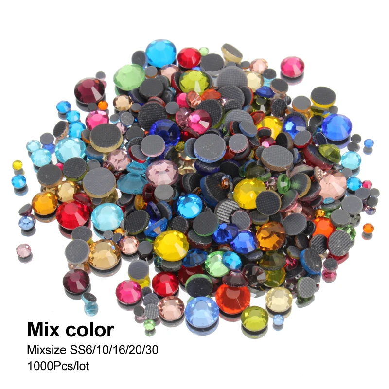 

Hotsale Mix size and Mix color shiny Hotfix Rhinestone SS6-SS30 crystal glass flatback stones 1000Pcs for Clothing Adornment DIY