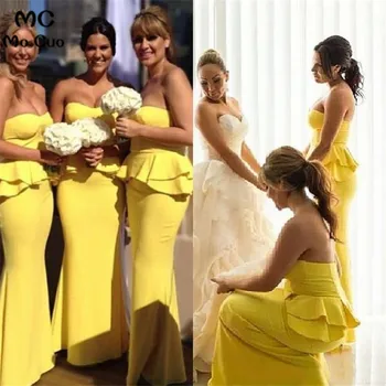 

wedding party Elegant 2019 Mermaid Bridesmaid Dresses Long Sweetheart Ruffles Elastic Satin Zipper Women Yellow bridesmaid dress