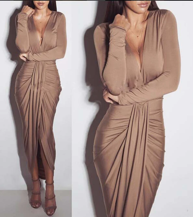 

Spring And Autumn 2018 Fashion Women Dress Draped Dress Deep V -Neck Women Clothing Sexy Styles