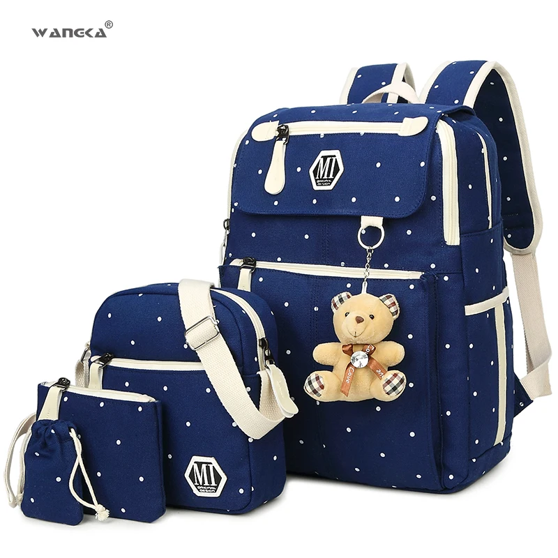 

2019 WANGKA New 4Pcs/set Women Canvas Backpack Print Dot School Bags For Teenage Girls Student Casual Rucksack Laptop Bagpack