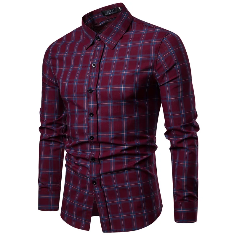 Drop Shipping Men Plaid Shirt Long Sleeve Shirts 2019 Fashion Casual Red Checkered Cotton Chemise Homme Man Clothes