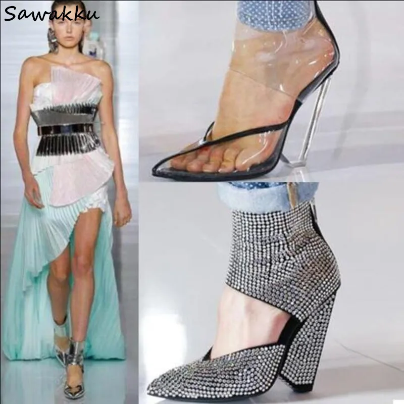 

2019 Full Crystals Runway Women Sandals Ankle Wrap Chunky Spike Heels Pointed Toe Pumps Silver Rhinestone High Heel Shoes Woman