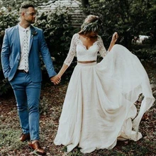 A-Line Двойка пляжные свадебные платья в стиле Country шифон оборки кружевной топ 3/4 рукавами свадебное платье