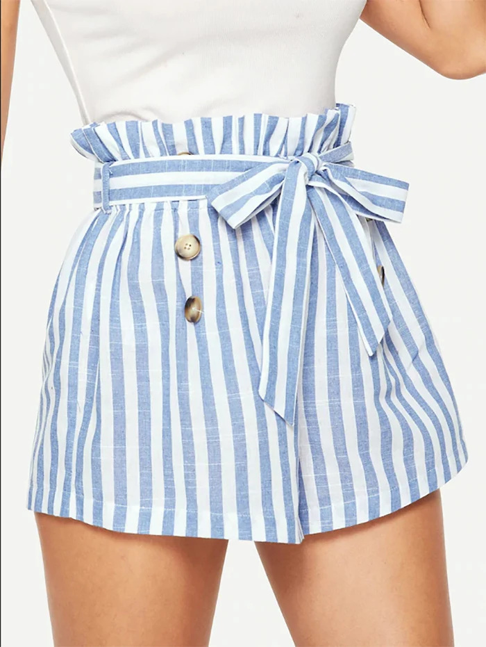 Blue High Waist Striped Sashes Shorts Women Summer Sexy Button Mini Shorts Harajuku Ladies Summer Shorts Female