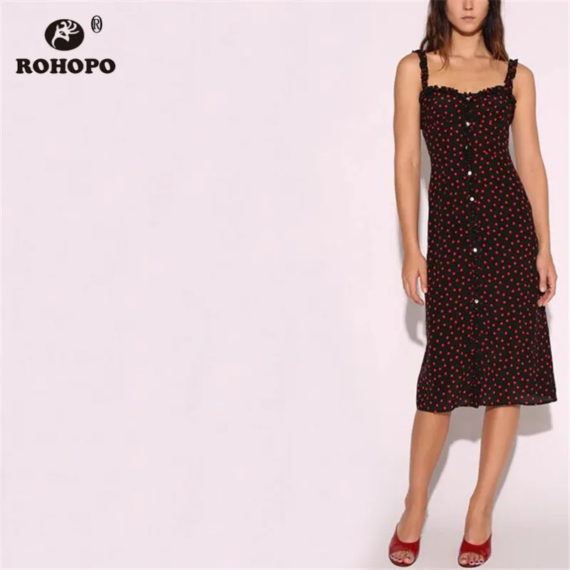 

ROHOPO Women Polk Dot Double Layer Midi Dress Overlocked Spaghetti Strap Buttons Fly A-line Sexy Party Vestido #YY017H