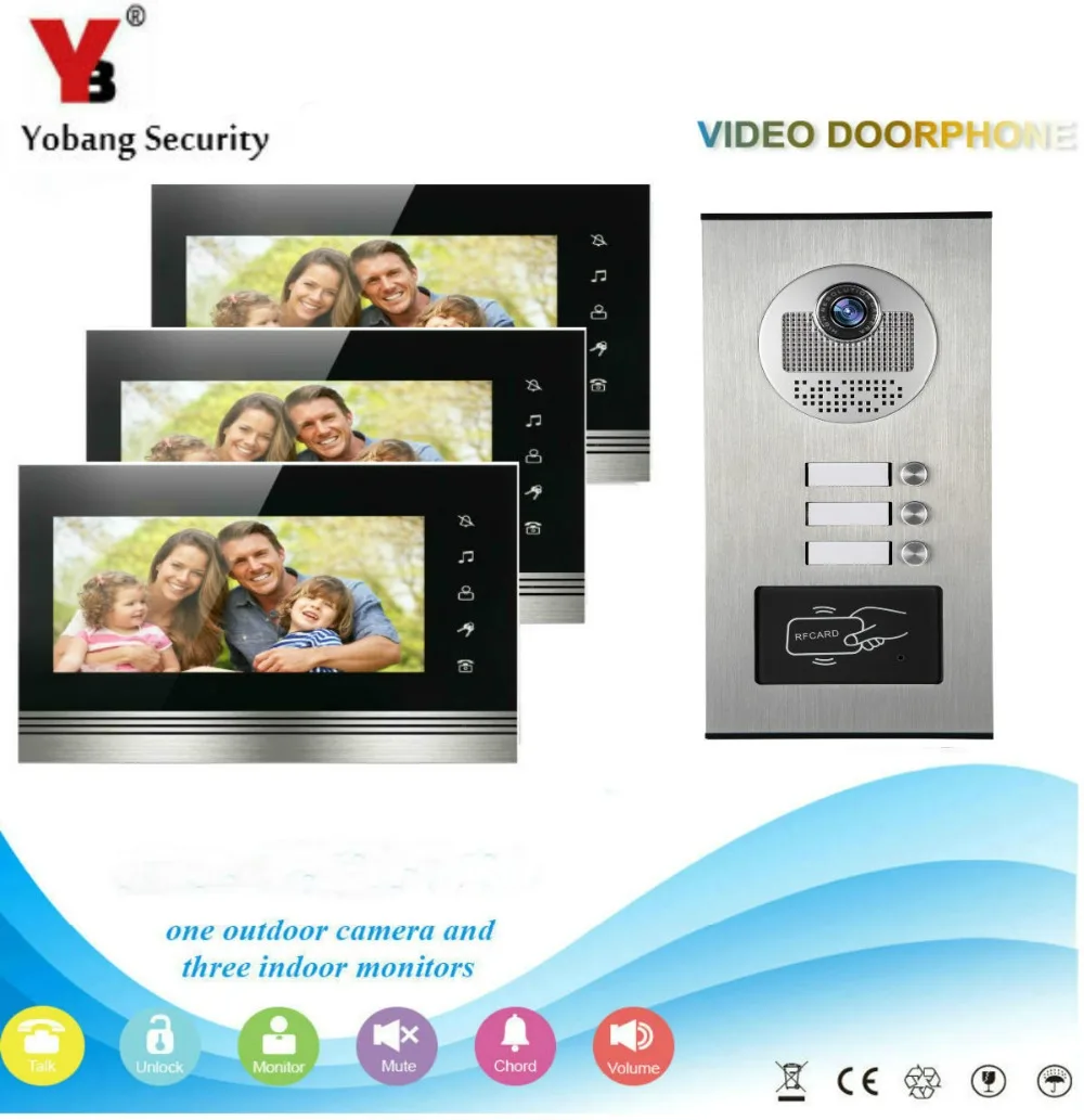 

Yobang Security 7" inch Black LCD Monitor Wired Visual Home Video Intercom Home Security System IR Camera For 3 Units Apartment