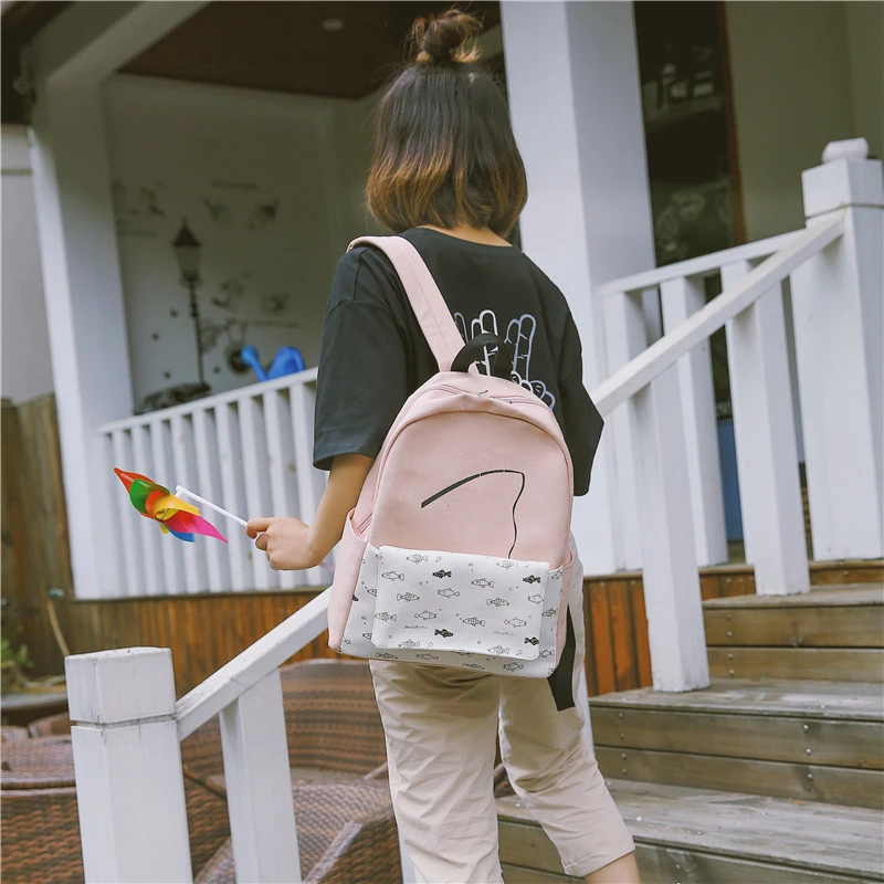 Menghuo 2 Pcsset Women Backpacks Cute Fish School Bag for Teenage Girls Printing Canvas Backpack Ladies Shoulder Bags Mochilas (4)