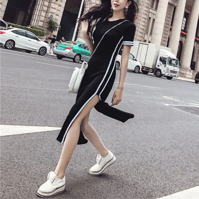 

Spring Short Sleeve Women's Round Neck Short Sleeve Side Striped Split Sexy Halter Midi