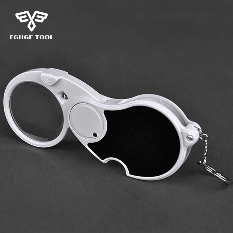 

FGHGF 5X 40mm Mini Jewelry Diamond Triplet Loupe Eye Measure Scale Pocket Folding Magnifier LED Light