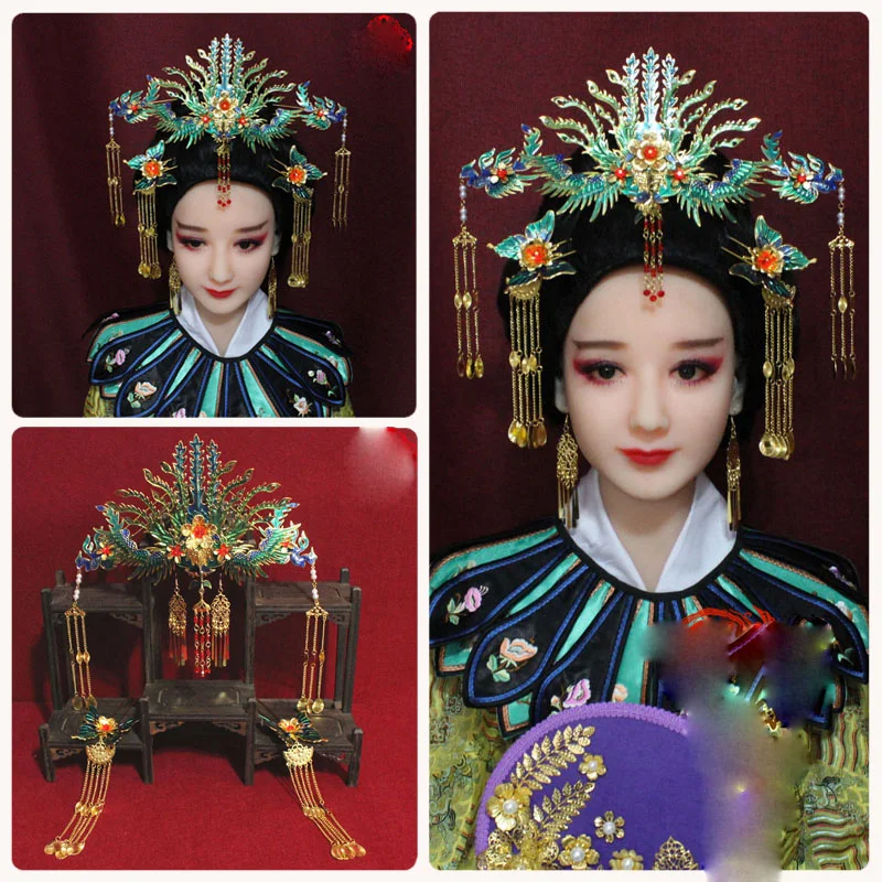 

Three-way Wearing Traditional Chinese Vintage Handmade Hair Tiara Imitate Tiancui Blue Cloisonne Big Phoenix Tiara Head Piece