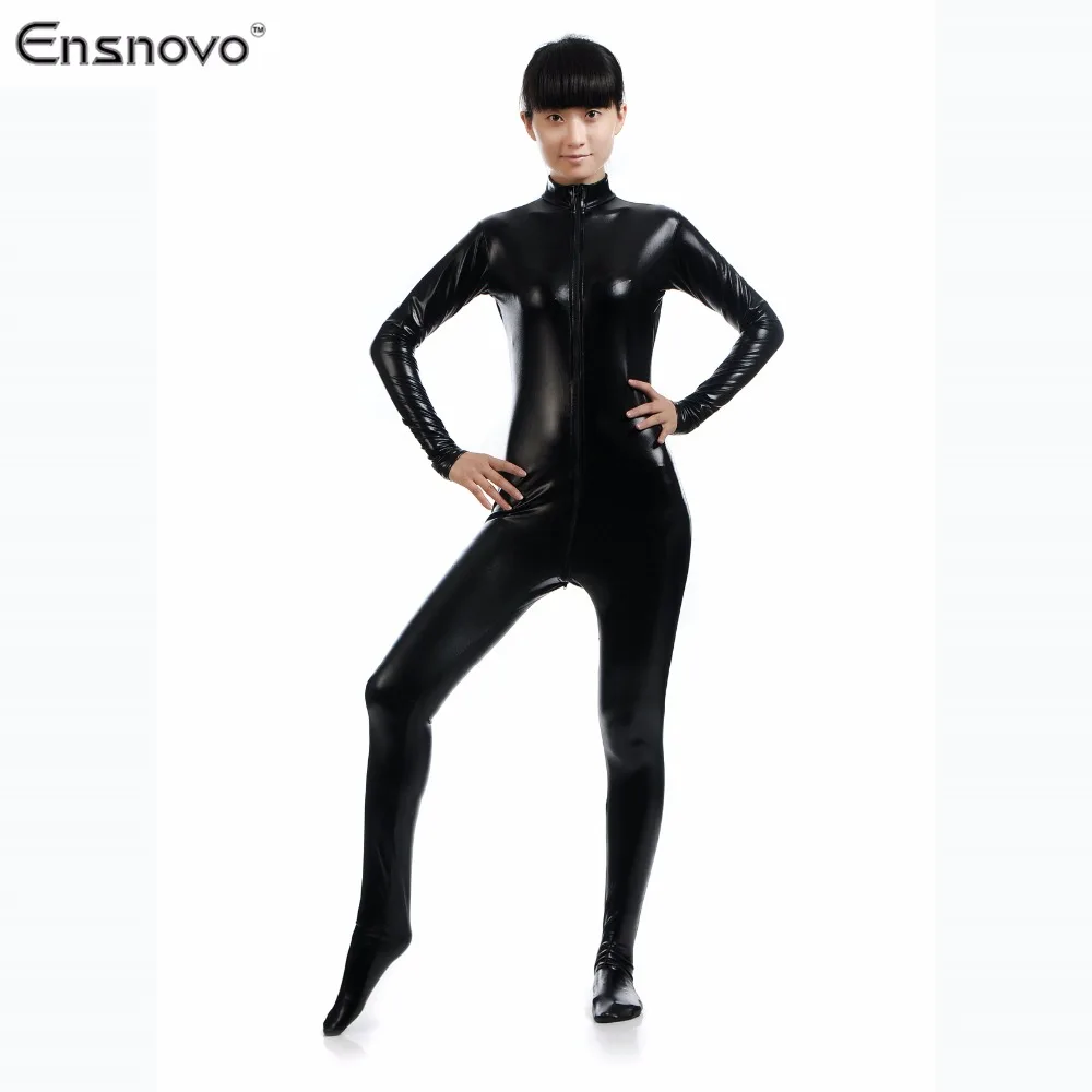 Ensnovo Women Lycra Nylon Black Shiny Metallic Headless Zentai Suits ...