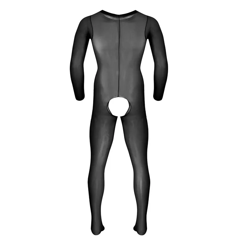 Mens Sexy Lingerie See Through Sheer Long Sleeves Round Neck Crotchless Footed Stretchy Body Pantyhose Tights Full Body Stocking