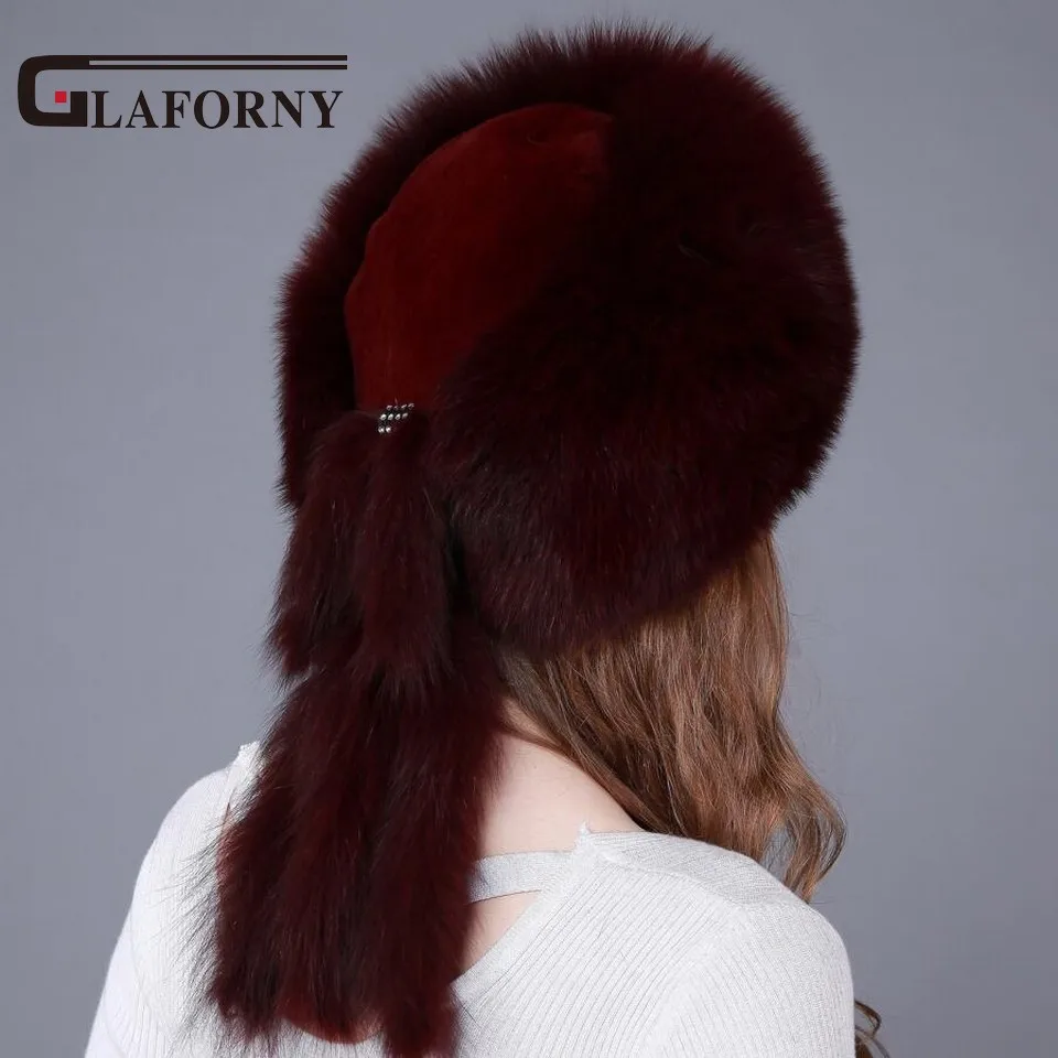 Glaforny 2017 New Arrival Women Fox Fur Hats 100% Real Fox Fur Beanies High Quality Wine Red
