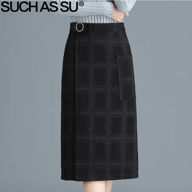 Такие как SU новые шерстяные клетчатые юбки женские черные средней длины Высокая талия юбка карандаш S-3XL размера плюс офисные женские зимние юбки