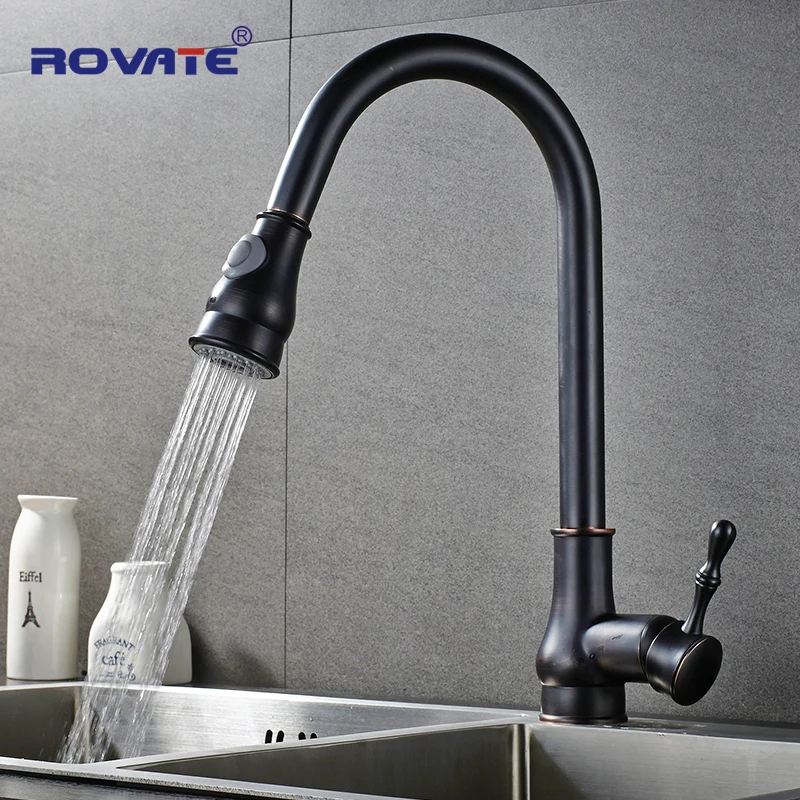 

ROVATE Kitchen Faucet Black Finished Pull Out Swivel Spout Copper mixer stream deck spray saver water sink taps