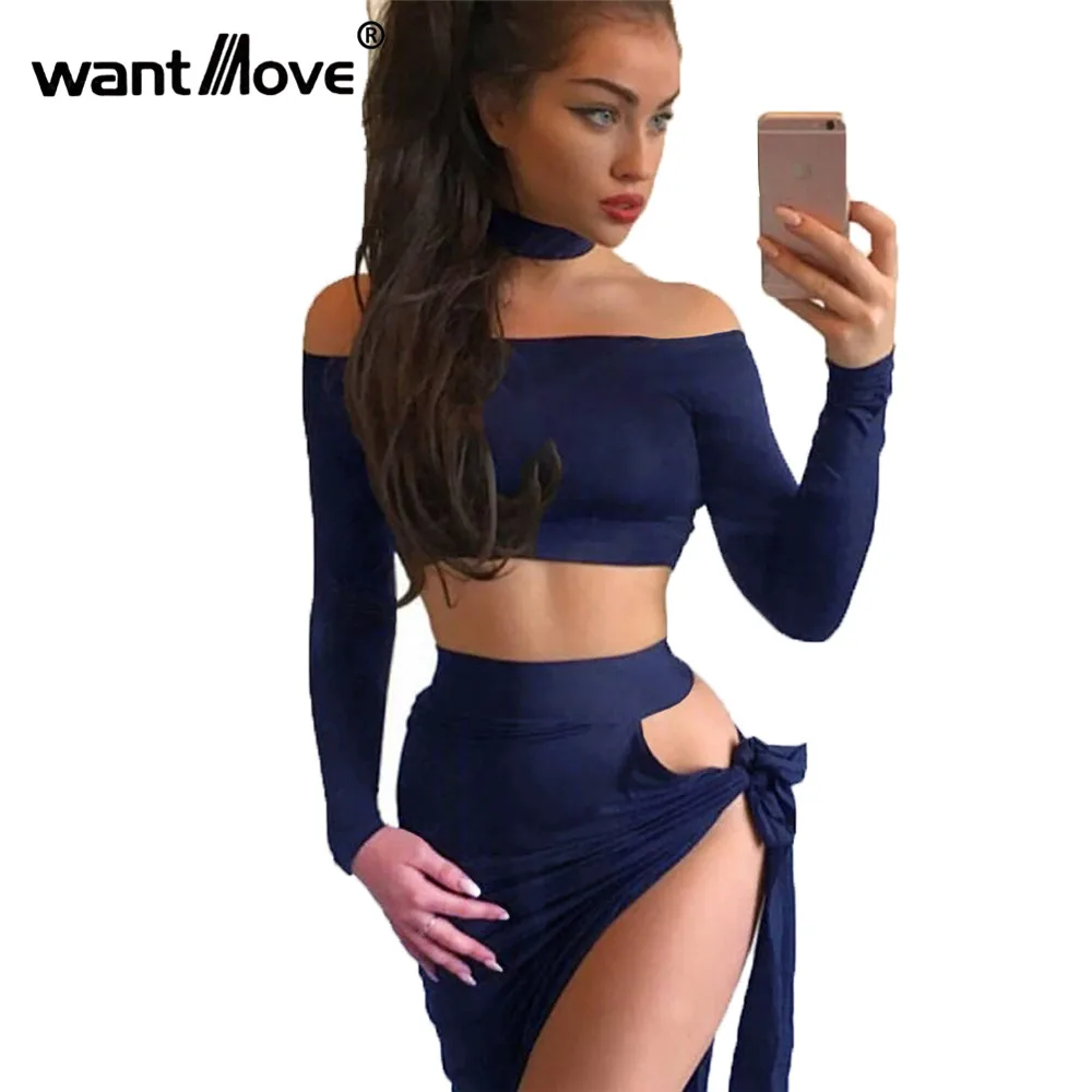 

Wantmove new fashion women irregular bow skirt sets sexy long sleeve off shoulder high waist bodycon club party women set WM172