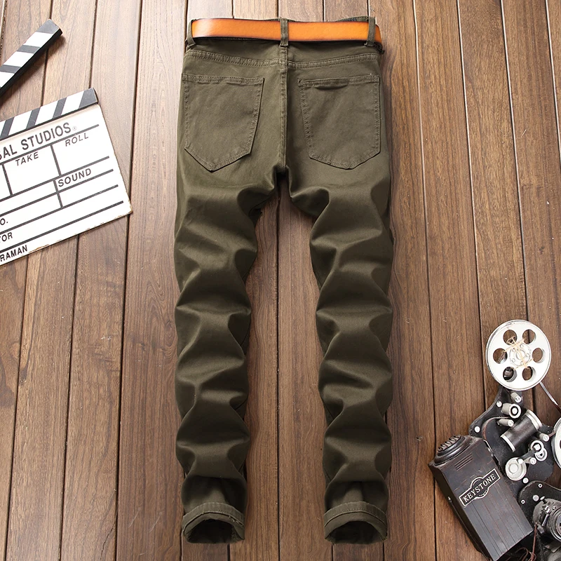 Модные брендовые мужские армейские зеленые джинсы роскошные мужские прямые джинсовые брюки с дырками и цветочной вышивкой Феникс джинсы для мужчин