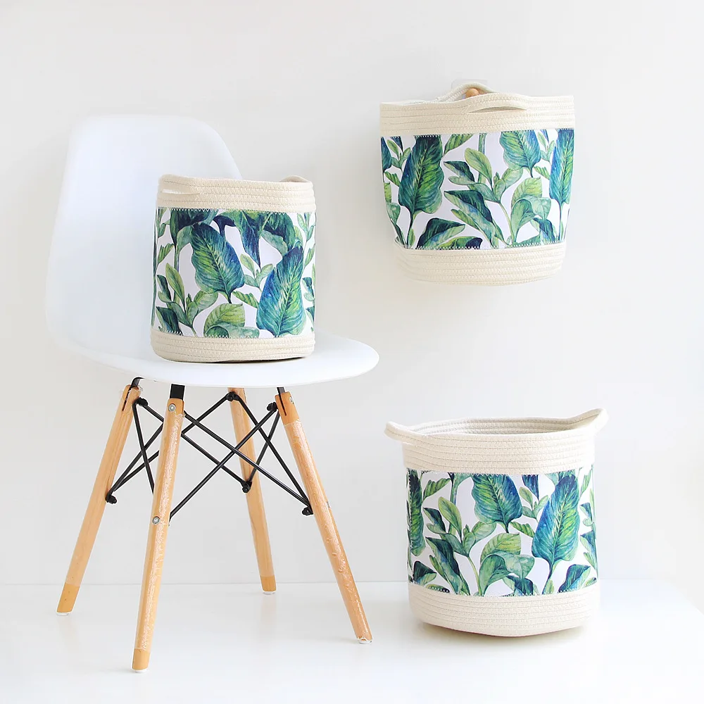 

Nordic Green Leaf Cotton Rope Storage Basket Tropical Flowers Woven Finishing Baskets Foldable Sundries Organizer Bucket 1PC