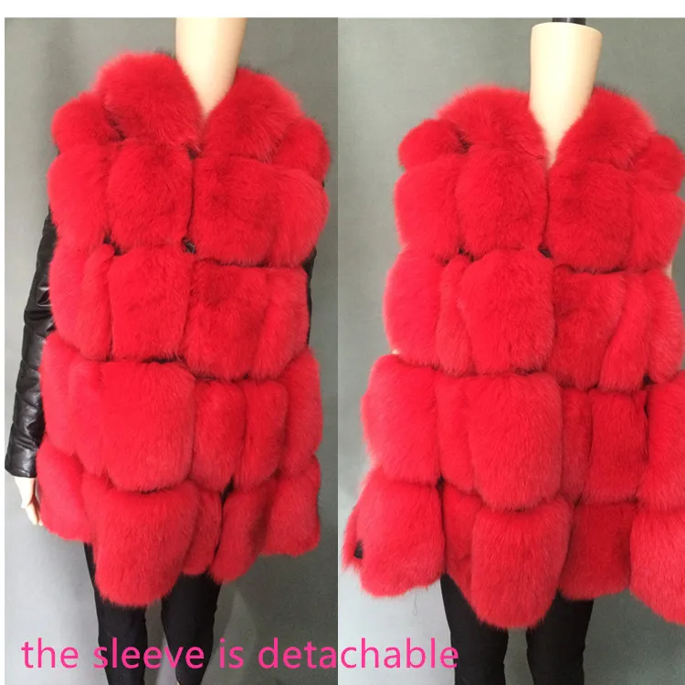 

discount lady real genuine red color fox fur coat with detachable sheep leather sleeve vest with fur hood A-shape for sale
